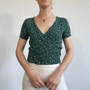 Brandy Melville Green Floral V-Neck Wrap Top
